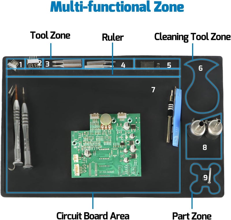 WeP M150 Silicone Soldering Mat 12.9x8.2 inches Heat-resistant with 5 Function Zones, Soldering Mat for, electronics repair, DIY Projects - Image 4
